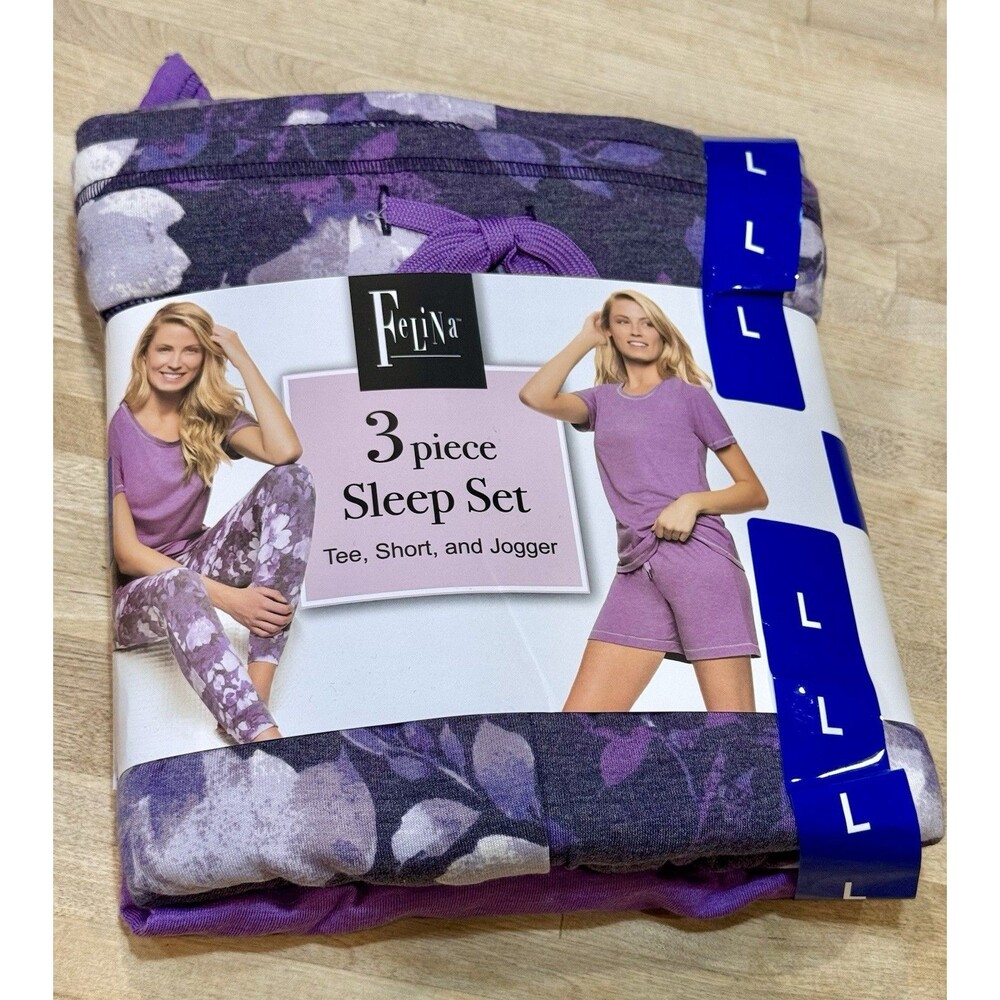 Felina Women’s L Pajama Sleep Set 3 Piece Tee Shorts Joggers Purple Floral NWT